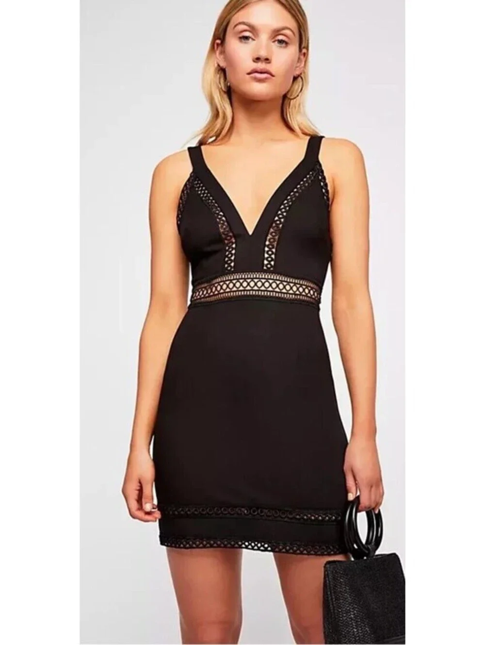 Free People Dress Women's 4Small Black Iris Mini Bodycon Dress Crochet Inset NWT